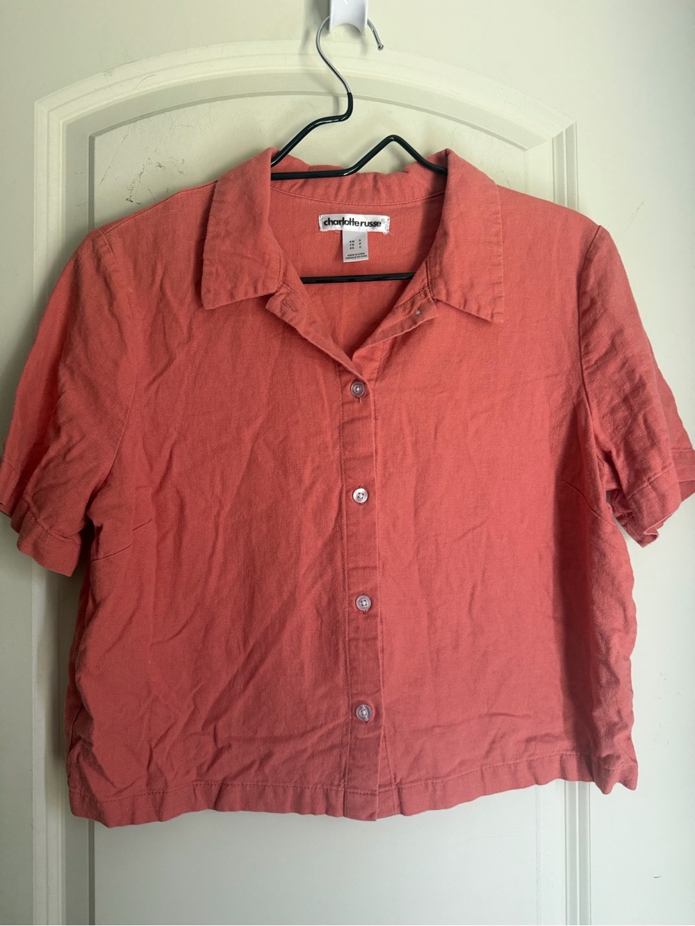 Charlotte Russe linen/rayon Coral Short-Sleeve Button-Down Shirt S crop shirt